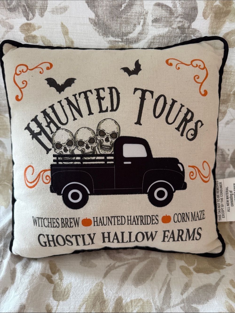 Haunted Tours Decorative Pillow - Black and Cream Halloween Accent